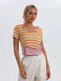Airchics t-shirt rayé v-cou manches courtes femme mode orange