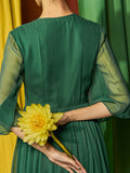 Airchics robe longue mousseline brodée v-cou manches longues vert