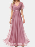 Airchics robe longue tulle brillante paillette à volantée élégant soirée rose