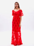 Airchics robe longue mousseline à fines brides manches courtes mode bal de promo rouge