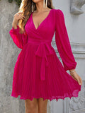Airchics mini-robe mousseline plissé v-cou manches longues cocktail rose framboise