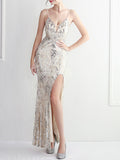 Airchics robe longue fendu le côté brillante paillette avec plume à fines brides élégant soirée