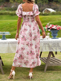 Airchics mi-longue robe imprimé à fleurie col carré manches bouffantes vintage bal de promo rose