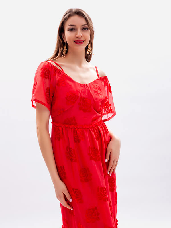 Airchics robe longue mousseline à fines brides manches courtes mode bal de promo rouge