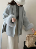 Airchics manteau en laine fausse fourrure avec poches ceinture femme élégant