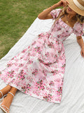 Airchics mi-longue robe imprimé à fleurie col carré manches bouffantes vintage bal de promo rose