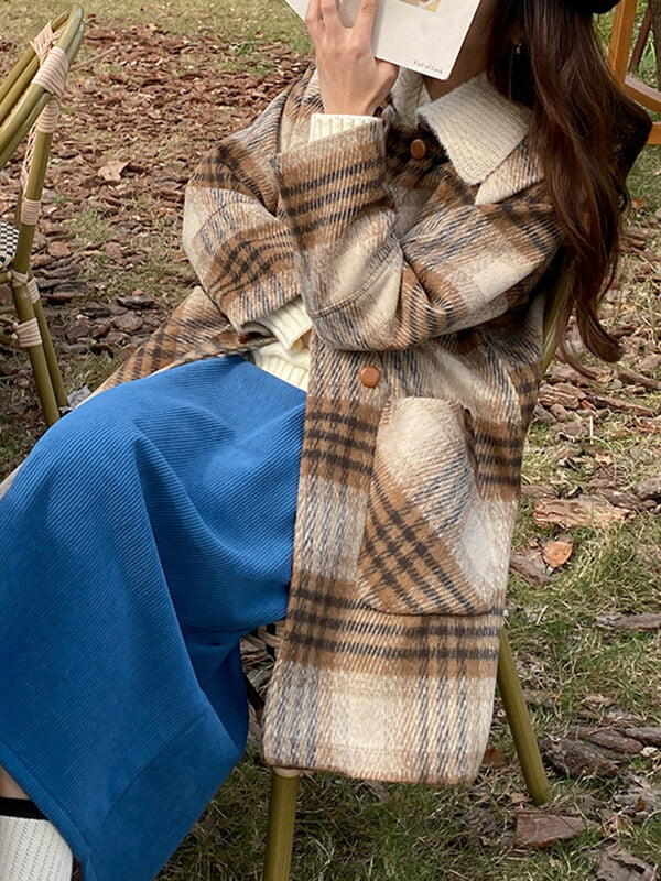 Airchics mi-longue manteau en laine carreaux avec poches femme mode