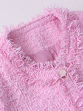 Airchics veste courte en tweed boutonnage avec poches frange femme élégant rose