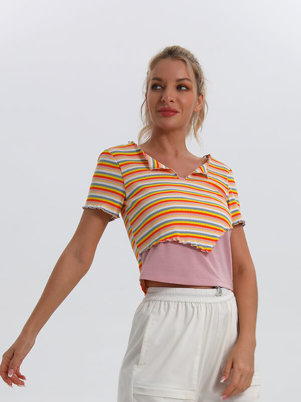 Airchics t-shirt rayé v-cou manches courtes femme mode orange