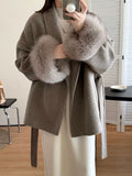 Airchics manteau en laine fausse fourrure avec poches ceinture femme élégant