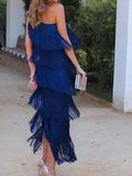 robe-soirée-bleue-épaule-dénudée-franges-asymétrique