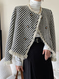 Airchics veste courte en tweed rayé boutonnage frange avec poches femme élégant