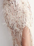 Airchics robe longue fendu le côté brillante paillette avec plume à fines brides élégant soirée