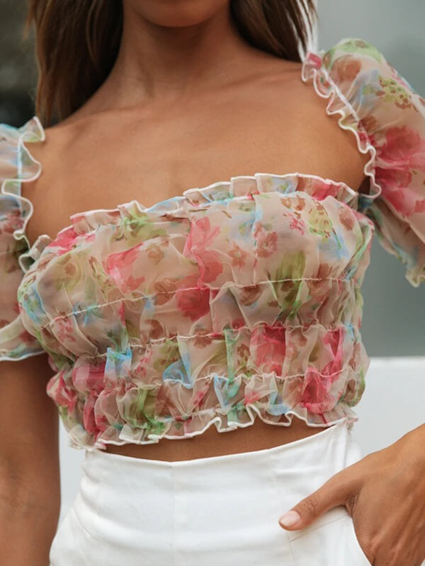 Airchics t-shirt tulle imprimé à fleurie col carré manches bouffantes femme mode