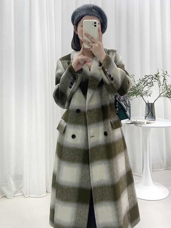 Airchics manteau en laine longue carreaux double boutonnage avec poches femme oversized