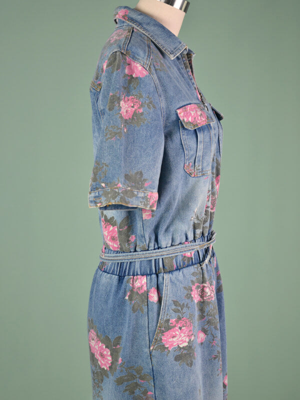 Airchics mi-longue robe jean imprimé à fleurie avec poches strappy col revers mode