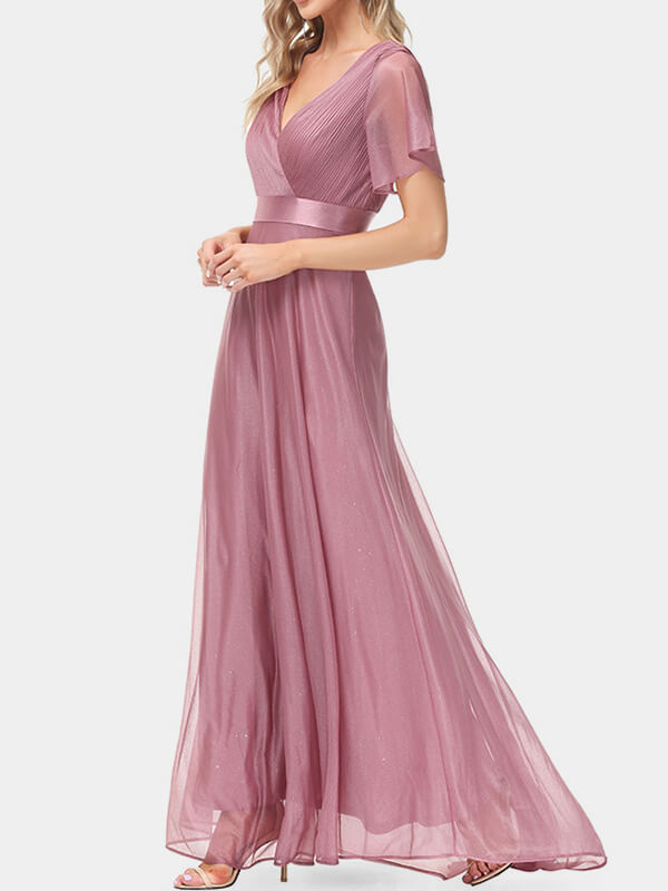 Airchics robe longue tulle brillante paillette à volantée élégant soirée rose