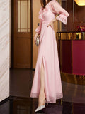Airchics robe longue fendu le côté à volantée manches évasées doux bal de promo rose