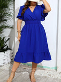 Robe Bleue Grande Taille Col V À Volants