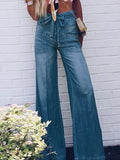Airchics longue jeans larges jambes évasé boutons avec poches ceinture taille haute femme vintage