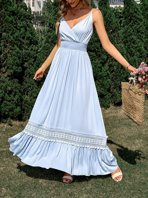 Airchics robe longue trapèze dentelle à volantée à fines brides v-cou taille haute mode
