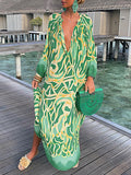 Airchics robe longue imprimé à fleurie boutonnage v-cou bohème de plage vert