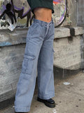 Airchics jean longue droit large ample avec poches femme pantalon bleu