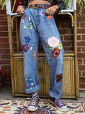 Airchics jeans droit large longue imprimé à fleurie femme pantalon bleu