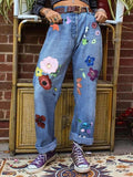 Airchics jeans droit large longue imprimé à fleurie femme pantalon bleu
