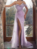 Airchics longue robe fendu le côté brillante paillette sirene moulante mode de soirée violet
