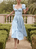 Airchics mi-longue robe imprimé à fleurie fendu le côté manches bouffantes mode champetre bleu