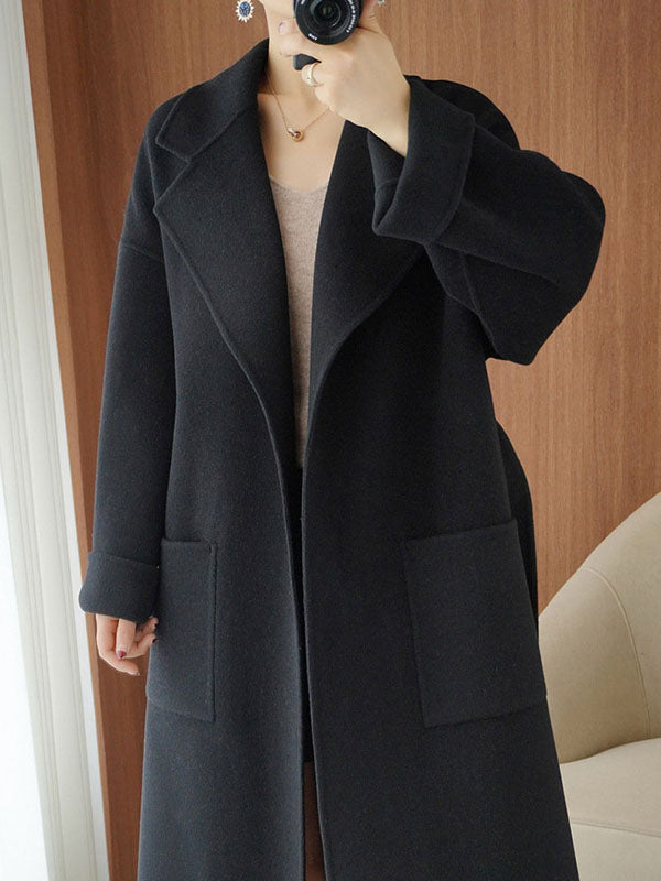 Airchics longue manteau en laine laine avec poches ceinture col revers manches longues femme mode