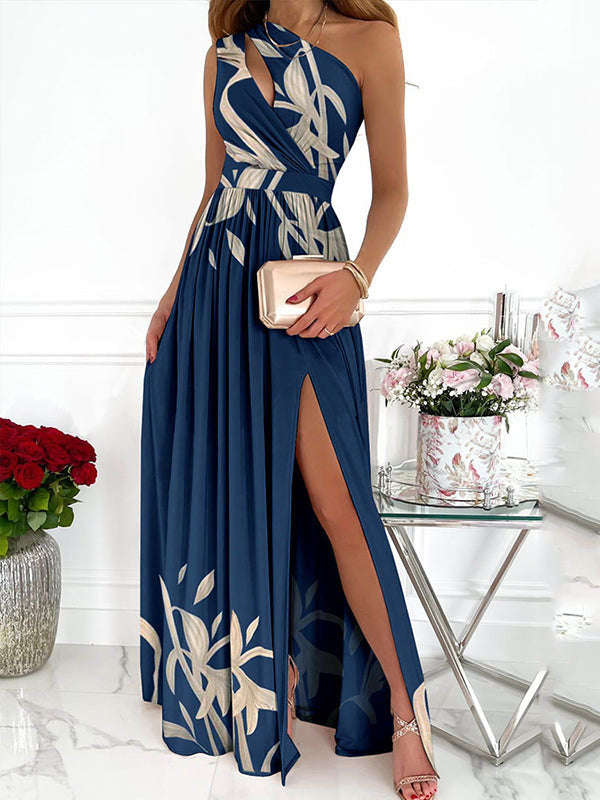 Airchics robe longue imprimé fendu le côté asymétrique épaule nue élégant bleu