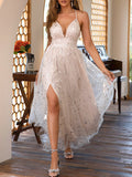 Airchics robe longue tulle brillante paillette à fines brides dos nu mode soirée