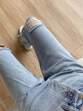 Airchics longue jeans déchiré troué larges jambes évasé boutons avec poches mi taille femme mode
