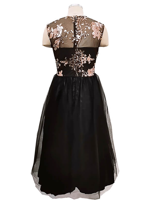 Airchics mi-longue robe brillante paillette tulle col rond élégant de cocktail noir