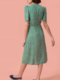 Airchics mi-longue robe imprimé à fleurie fendu le côté boutons vintage champetre vert
