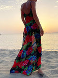 Airchics robe longue moulante fleurie dos nu à fines brides mode plage noir