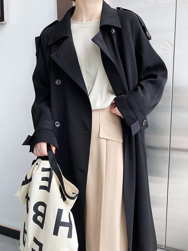 Airchics manteau longue double boutonnage avec poches ceinture élégant femme noir