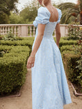 Airchics mi-longue robe imprimé à fleurie fendu le côté manches bouffantes mode champetre bleu