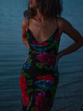 Airchics robe longue moulante fleurie dos nu à fines brides mode plage noir
