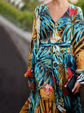 Airchics robe longue mousseline imprimé tropicale feuille avec ceinture v-cou décontracté de plage