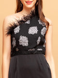 Airchics robe longue fleurie plumes une épaule élégant soirée noir
