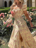 Airchics mi-longue robe imprimé à fleurie fendu le côté dos nu manches bouffantes mode champetre