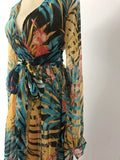 Airchics robe longue mousseline imprimé tropicale feuille avec ceinture v-cou décontracté de plage