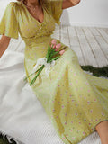 Airchics robe longue trapèze imprimé à fleurie v-cou manches trompette élégant mode