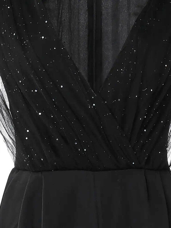 Airchics robe longue brillante paillette volants élégant de soirée noir