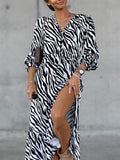 Airchics mi-longue robe rayé fendu le côté à volantée v-cou manches bouffantes manches longues casual mode plage