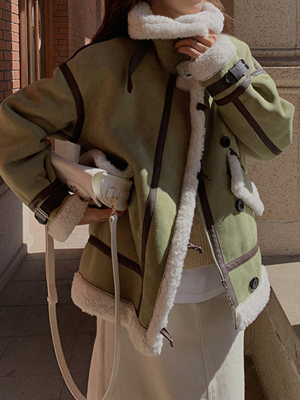Airchics court manteau aviateur suedine fermeture éclair boutonnage avec poches col carré femme casual mode veste
