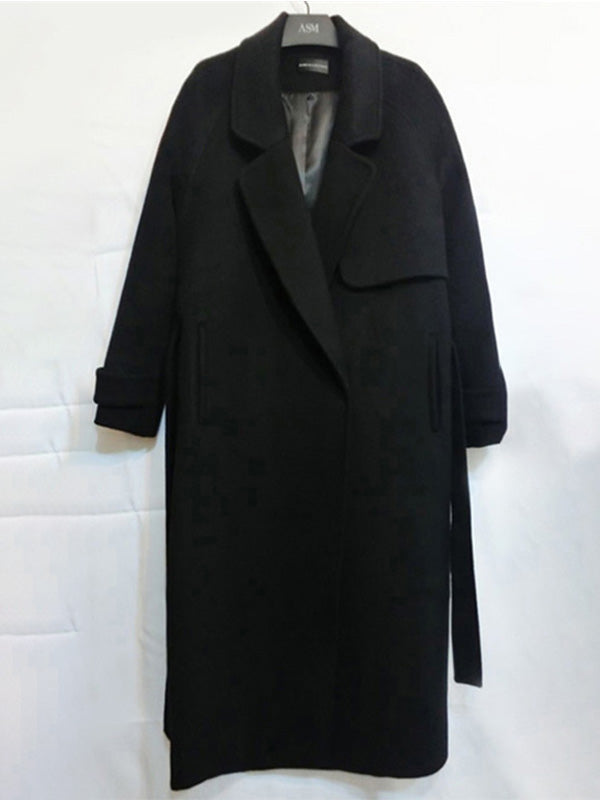 Airchics longue manteau en laine boutons ceinture avec poches col revers femme mode oversized noir
